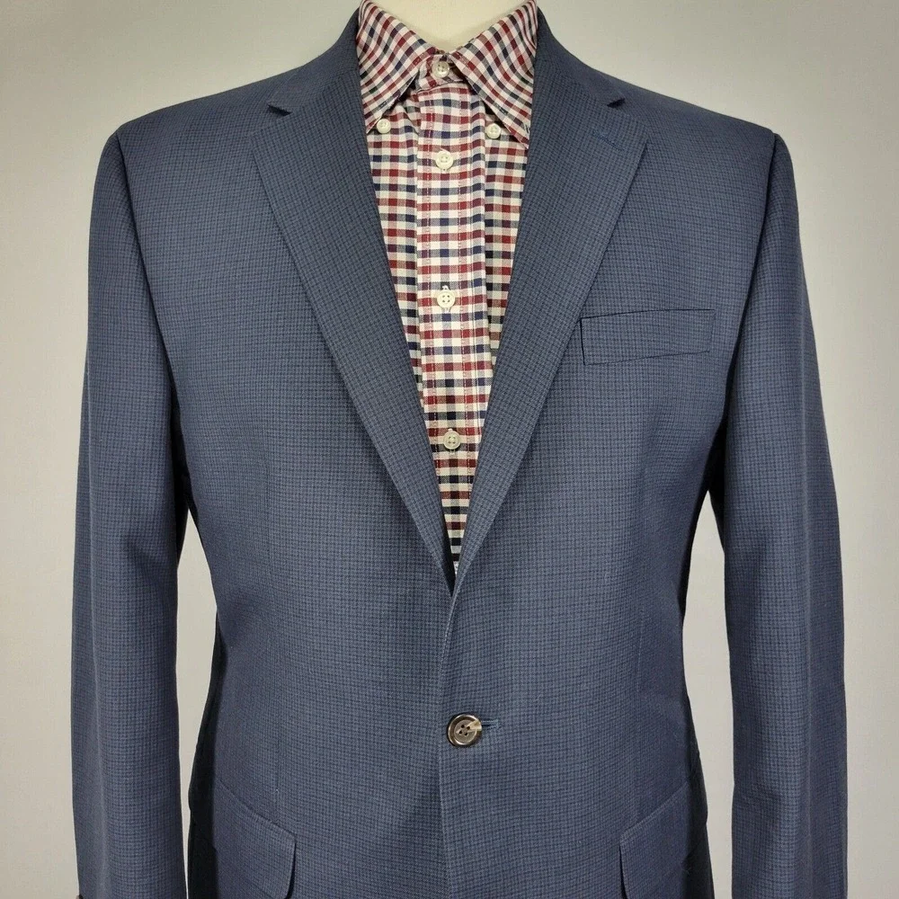 Chaps Men's Sport Coat Blazer Two Button Navy Blue‎ Checked Polyester Rayon 42L